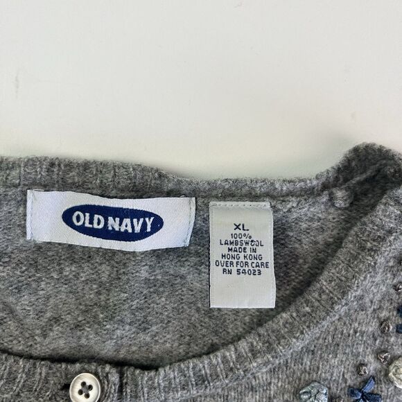 Old Navy Y2K Wool Floral Embroidered Cardigan XL Gray Boxy Cottagecore Cozy Knit - Picture 4 of 8
